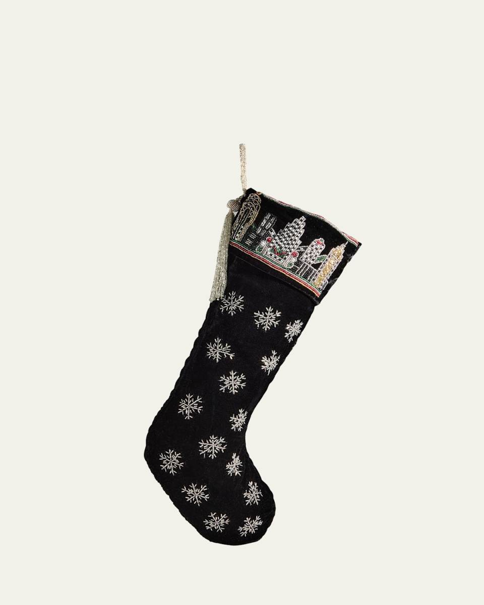 Velvet NYC Skyline and Snowflake Christmas Stocking